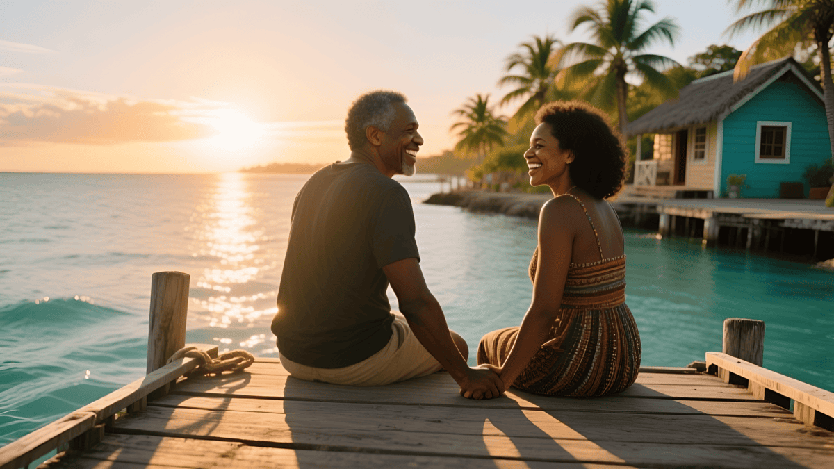Couple antillais assis face à la mer au coucher du soleil en Guadeloupe — Sé Nou Menm, plateforme de rencontres pour les 50 ans et plus aux Antilles